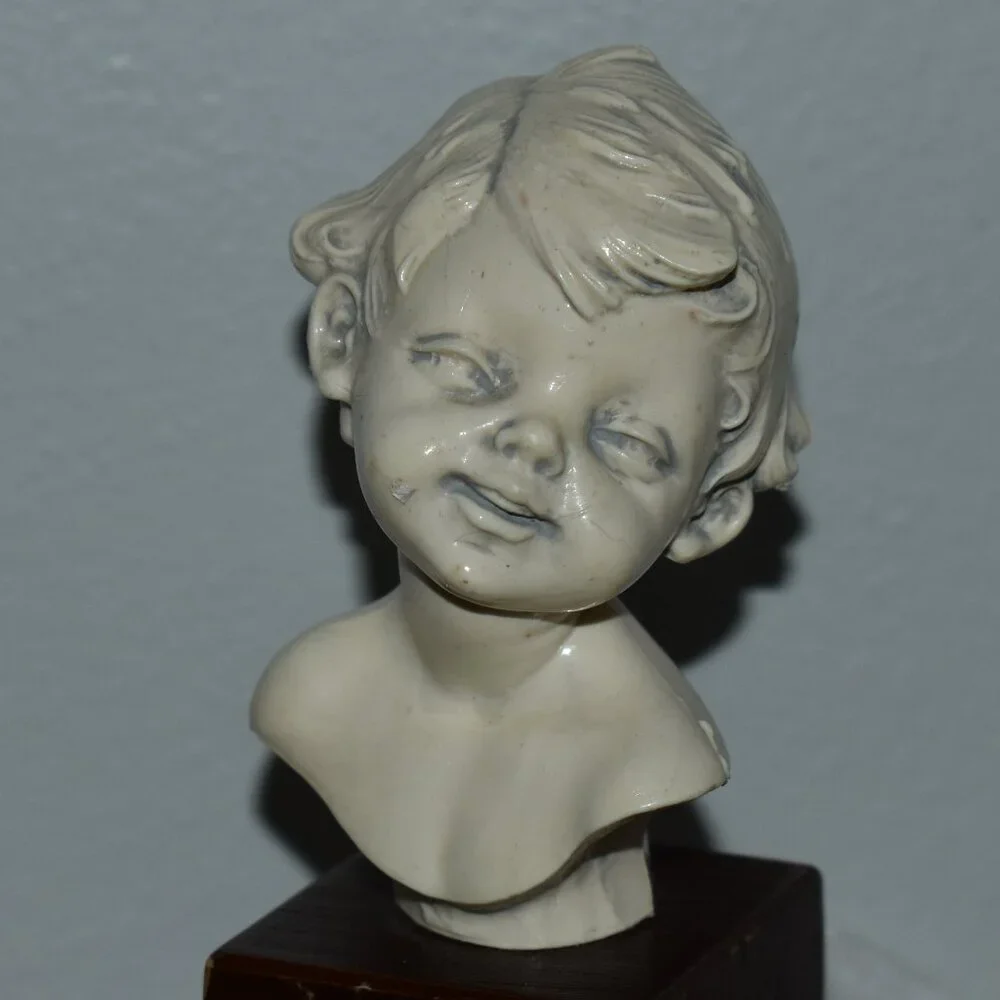 Antique Vintage Petit Resin Small Sculpture Smiling Boy Bust Decor